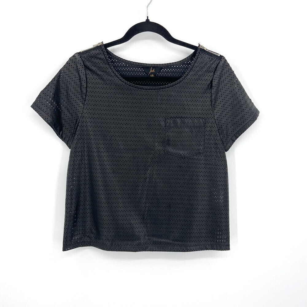 JACK BY BB DAKOTA Black Faux Leather Laser Cut Out Shoulder Zip Shirt Top XS